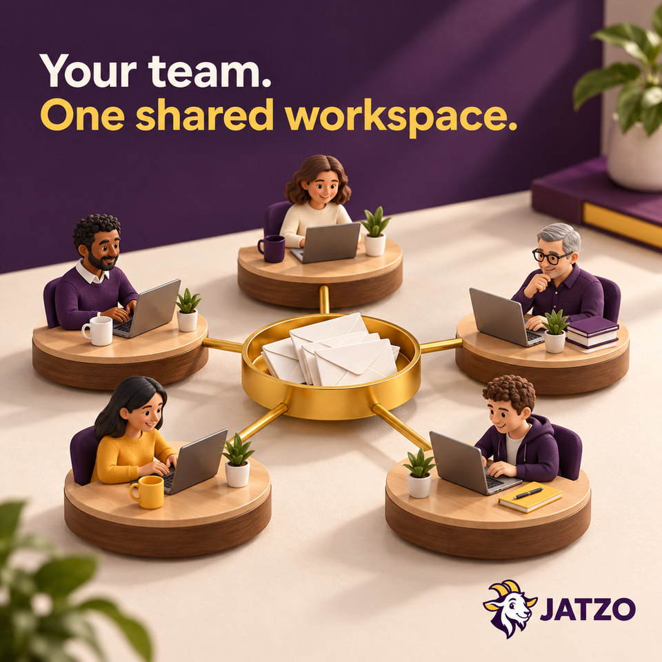 Your team. One shared workspace. Illustration of colleagues connected around shared email.