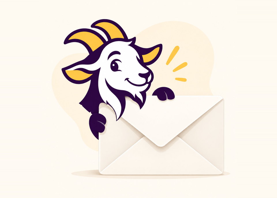 The Jatzo goat looking round the side of a large envelope